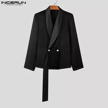 INCERUN Men Lapel Long Sleeve Satin Patchwork Blazer Glitter Thin Coats S чёрный