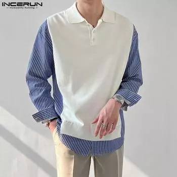 INCERUN Men Lapel Long Sleeve Striped Patchwork Shirts Casual Tops M чёрный