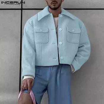 INCERUN Men Lapel Neck Long Sleeve Fleece Button Jackets Short Coats 5XL розовый