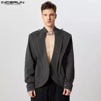 INCERUN Men Lapel Neck Long Sleeve Layers Patchwork Short Blazer Open Front Coats 4XL чёрный
