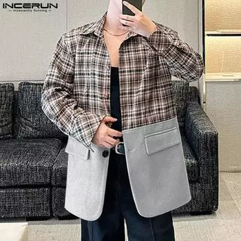 INCERUN Men Lapel Neck Long Sleeve Patchwork Plaid Blazer Thin Coats S чёрный