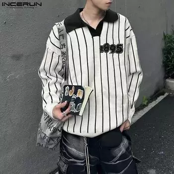 INCERUN Men Lapel Neck Long Sleeve Striped T-shirts Casual Loose Stitching Tops 2XL чёрный
