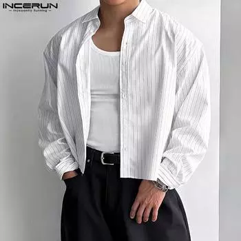 INCERUN Men Lapel Neck Long Sleeve Striped Print Casual Short Shirts Tops XL белый