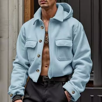 INCERUN Men Lapel Neck Long Sleeve Zipper Up Hooded Jackets Fleece Coats 4XL чёрный