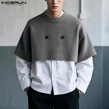 INCERUN Men Lapel Neck Patchwork Long Sleeve Fake Two-piece Casual Loose Shirts S серый