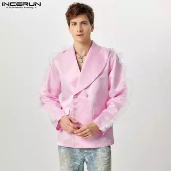 INCERUN Men Lapel Neck Ruffled Hem Long Sleeve Blazer Smooth Casual Coats S чёрный