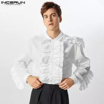 INCERUN Men Lapel Neck Solid Ruffled Button Up Casual Party Shirts Tops 3XL чёрный