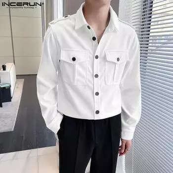 INCERUN Men Lapel Shoulder Tab Long Sleeve Buttons Up Loose Casual Shirts 4XL чёрный