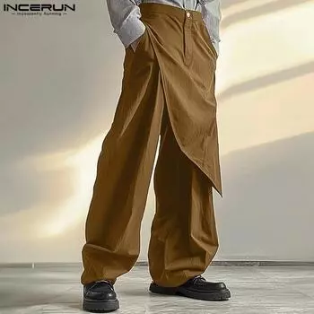 INCERUN Men Long Pants Zipper Up Layers Patchwork Casual Straight Trousers M чёрный