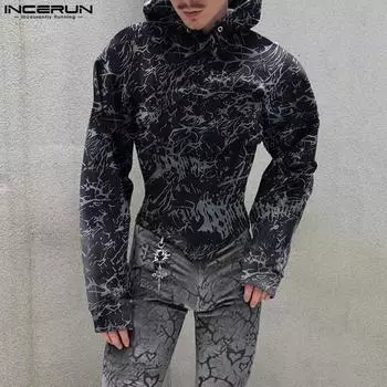 INCERUN Men Long Sleeve Camouflage Print Irregular Hooded Sweatshirts 4XL чёрный