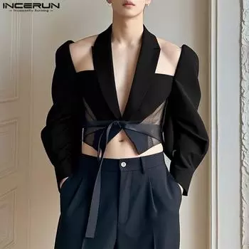 INCERUN Men Long Sleeve Cutout Mesh Patchwork Bandage Thin Cropped Blazer Coats 2XL чёрный