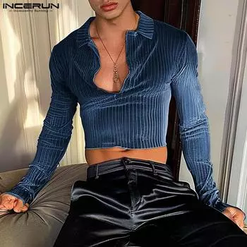 INCERUN Men Long Sleeve Deep V Neck Velvet Fitted Short Tops Party T-shirts 3XL чёрный