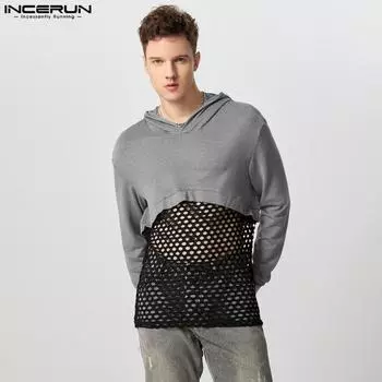 INCERUN Men Long Sleeve Fishnet Patchwork Hoodies Casual Hooded Pullovers 4XL чёрный