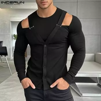 INCERUN Men Long Sleeve Fitted Tops Cutout Casual Skinny Undershirts T-shirts S