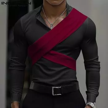 INCERUN Men Long Sleeve Front Cross Slim Tops Henley Shirts S красный