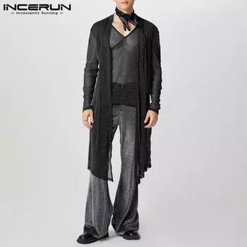 INCERUN Men Long Sleeve Glitter Open Front High Low T-shirts Tops 5XL зелёный