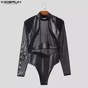 INCERUN Men Long Sleeve Glitter Patchwork Mesh Sheer See Through Leotard Jumpsuits XL