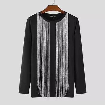 INCERUN Men Long Sleeve Glitter Tassel Patchwork Casual Fitted T-shirts Tops S