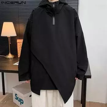 INCERUN Men Long Sleeve Irregular Zipper Hooded Sweatshirts Oversized Outdoor Hoodies L белый