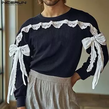 INCERUN Men Long Sleeve Lace Crochet Patchwork Rib T-shirts Casual Tops S коричневый