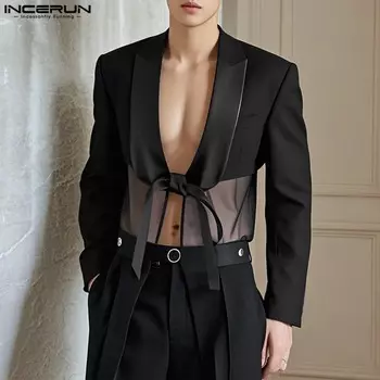 INCERUN Men Long Sleeve Mesh Patchwork Thin Blazer Casual Bandage Coats S чёрный