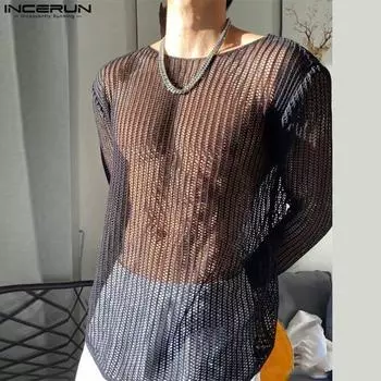 INCERUN Men Long Sleeve Mesh Sheer Lace T-shirts See Through Party Tops S