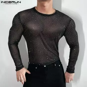 INCERUN Мужские сетчатые топы с длинным рукавом, обтягивающие футболки S