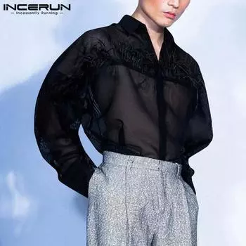 INCERUN Men Long Sleeve Mesh Sheer Shirts Patchwork Tassel See Through Tops M белый