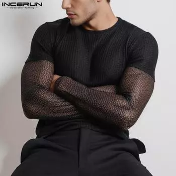 INCERUN Men Long Sleeve Mesh Sheer Stitching Tops Party Clubwear Slim T-shirts 4XL чёрный