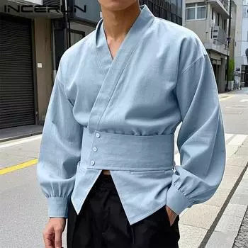 INCERUN Men Long Sleeve Oblique Placket Back Bandage Casual Loose Shirts чёрный