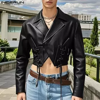 INCERUN Men Long Sleeve One Button Irregular Leather PU Short Coats Jackets 3XL чёрный