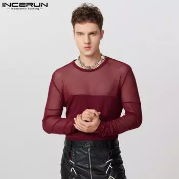 INCERUN Men Long Sleeve Patchwork Mesh Sheer See Through Tops T-shirts Undershirts 3XL
