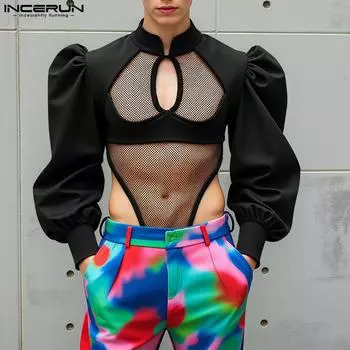 INCERUN Men Long Sleeve Patchwork Mesh Sheer See Through Leotard Jumpsuits Bodysuits M