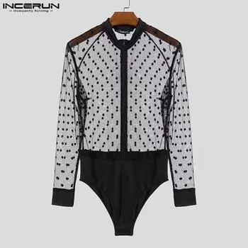 INCERUN Men Long Sleeve Polka Dot Patchwork Mesh See Through Bodysuits Jumpsuits 2XL