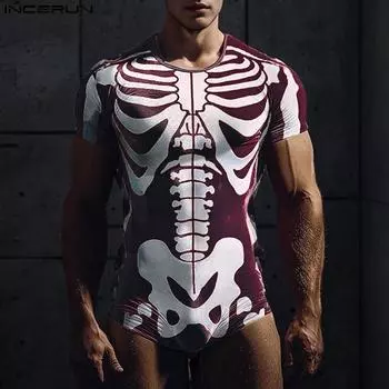 INCERUN Men Long Sleeve Print Jumpsuits Back Zipper Short Romper One Piece Bodysuits S красный