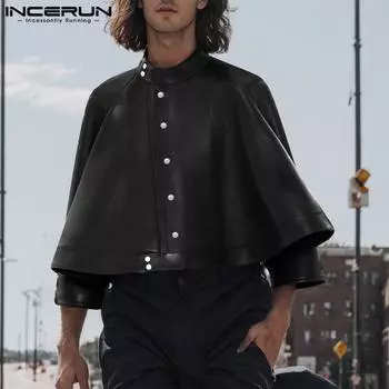 INCERUN Men Long Sleeve PU Leather A-line Coats Buttons Jackets S чёрный