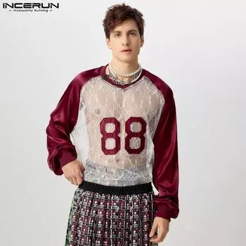 INCERUN Men Long Sleeve Satin Lace Patchwork T-shirts Letter Print See Through Tops 3XL жёлтый