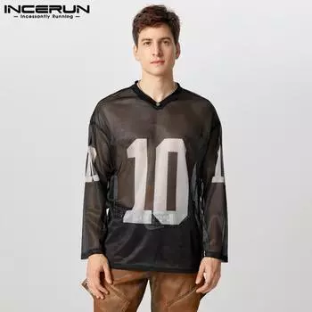 INCERUN Men Long Sleeve Transparent Tops Print Mesh Sheer Sport Cover Up T-Shirts 3XL белый