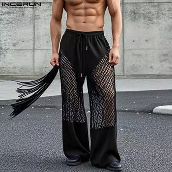 INCERUN Men Mesh Patchwork Pants High Waist Tassel See Through Trousers S красный