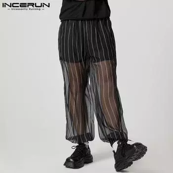 INCERUN Men Mesh Sheer Patchwork Pants Elastic Waist Striped Layers Lantern Trousers S чёрный