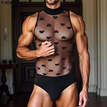 INCERUN Men Mockneck Sleeveless Patchwork Mesh Sheer Underwear Jumpsuits S