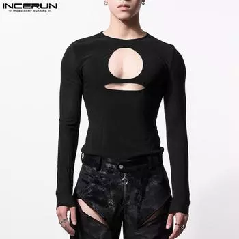 INCERUN Men O Neck Cutout Long Sleeve Knitted Slim Tops Undershirts S коричневый