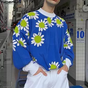 INCERUN Men O Neck Long Sleeve Patchwork Floral Print Casual Pullovers Sweatshirts S синий