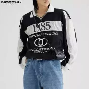 INCERUN Men O Neck Stitching Long Sleeve Letter Print Hollow Out See Through T-shirts Loose Tops S чёрный