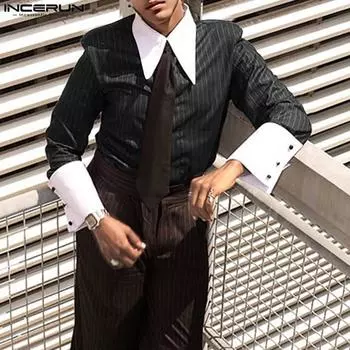 INCERUN Men Patchwork Lapel Long Sleeve Striped Shirts Casual Buttons Print Tops S чёрный