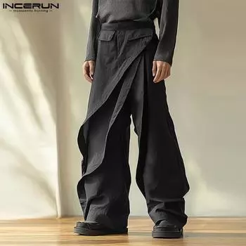 INCERUN Men Patchwork Zipper Up Layers Long Pants Ruffled Casual Trousers XL чёрный