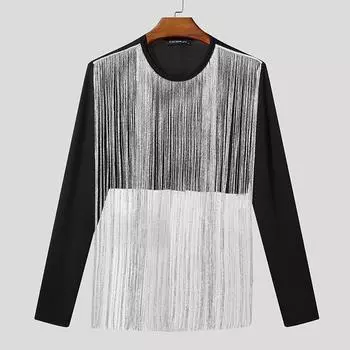 INCERUN Men Round Neck Front Tassel Patchwork Long Sleeve Casual Crop Tops T-shirts S