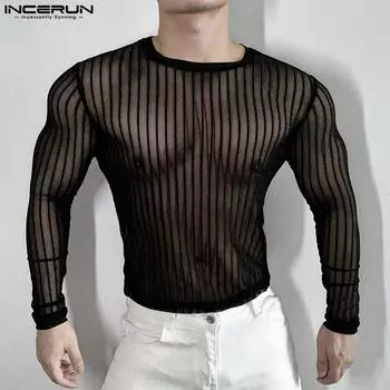 INCERUN Men Round Neck Long Sleeve Mesh Sheer Tops Slim Striped Transparent T-shirts M