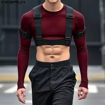 INCERUN Men Round Neck Long Sleeve Patchwork Rib Cropped Tops T-Shirts 4XL чёрный
