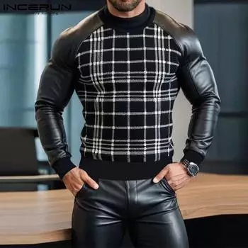 INCERUN Men Round Neck Long Sleeve Plaid T-Shirts Casual Patchwork Smooth Tops S чёрный